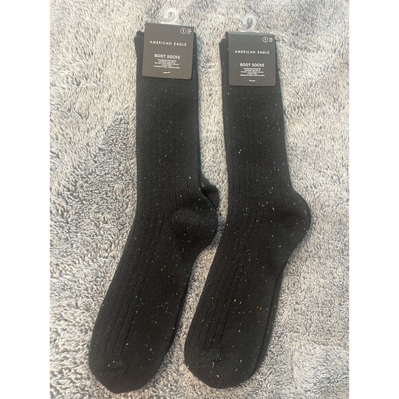 NWT American Eagle Outfitters Boot Socks Black Ribbed Multi Color Thread 2 pairs - Picture 1 of 5